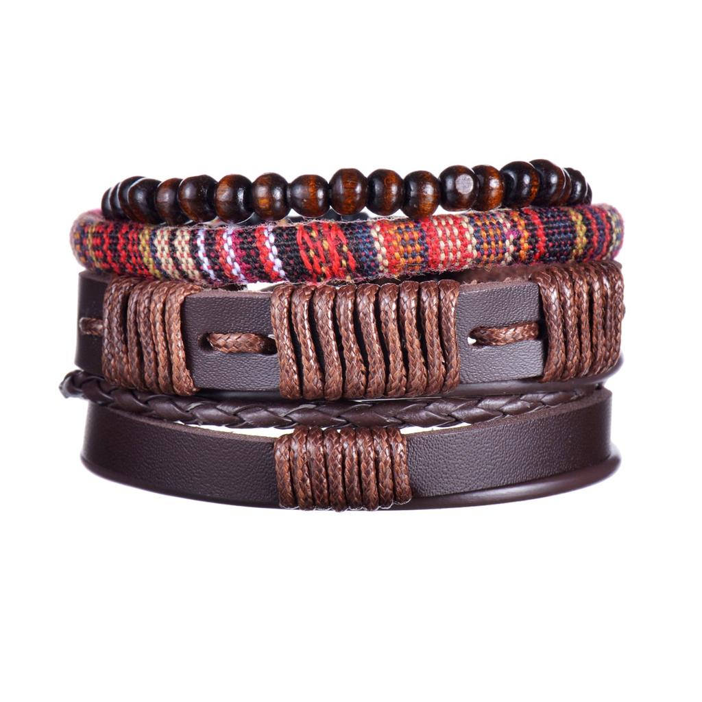 Men's 4-Piece Braided Leather & Beaded Bracelet Set b34 by HitMyNeed