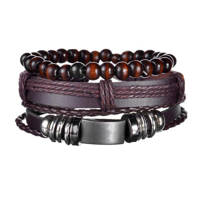 Men's 4-Piece Braided Leather & Beaded Bracelet Set b35 by HitMyNeed