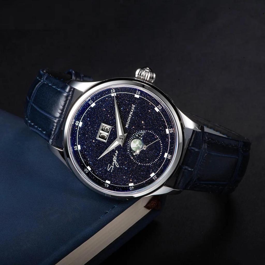 Men's Automatic Moonphase Watch Blue Sandstone 41mm by HitMyNeed