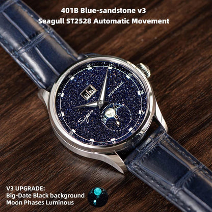 Men's Automatic Moonphase Watch Blue Sandstone 41mm by HitMyNeed