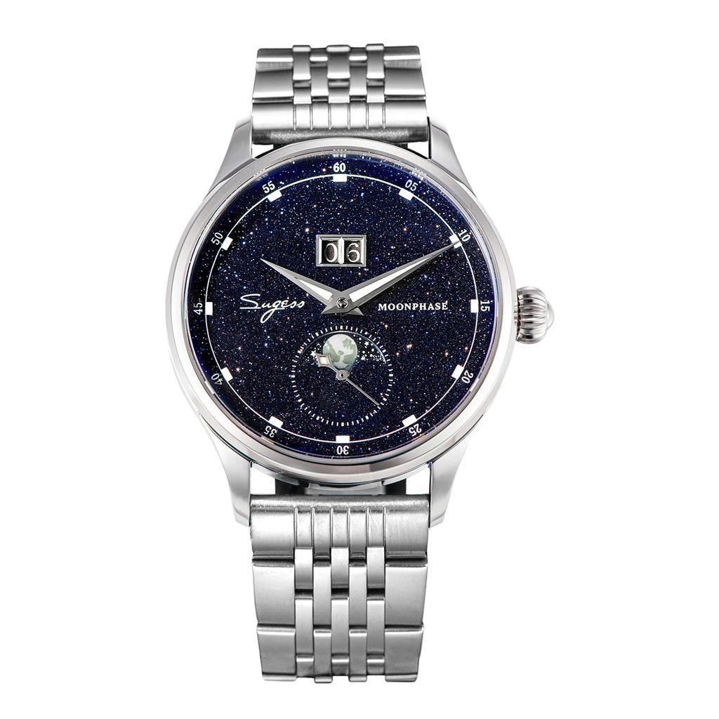 Men's Automatic Moonphase Watch Blue Sandstone 41mm ss-bracelet-v3 by HitMyNeed