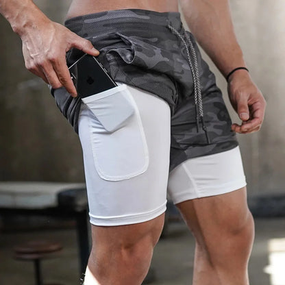 Men's Camo 2-in-1 Quick Dry Running Gym Shorts by HitMyNeed