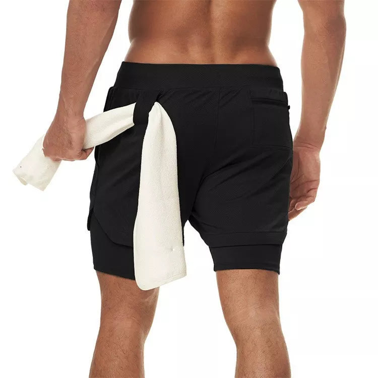 Men's Camo 2-in-1 Quick Dry Running Gym Shorts style1-all-black l175cm-65kg by HitMyNeed