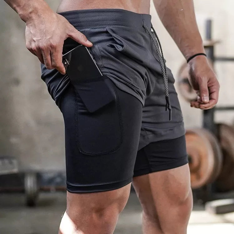 Men's Camo 2-in-1 Quick Dry Running Gym Shorts style1-black-gray m170cm-60kg by HitMyNeed