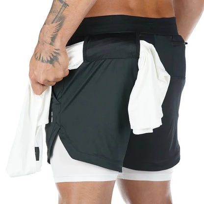 Men's Camo 2-in-1 Quick Dry Running Gym Shorts style1-black l175cm-65kg by HitMyNeed