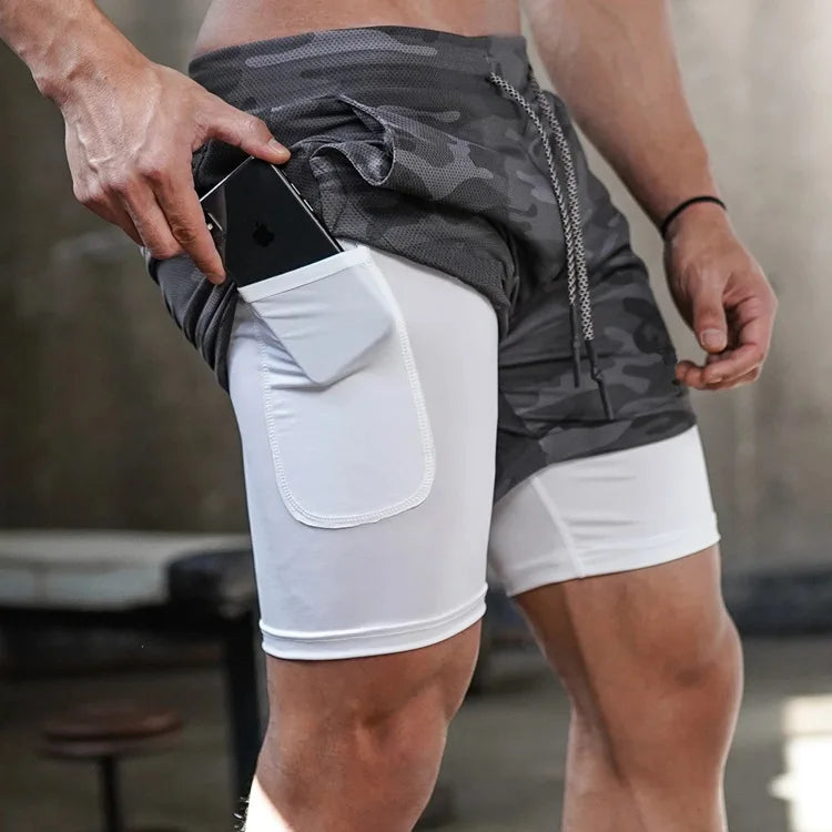 Men's Camo 2-in-1 Quick Dry Running Gym Shorts style1-gray-camo l175cm-65kg by HitMyNeed