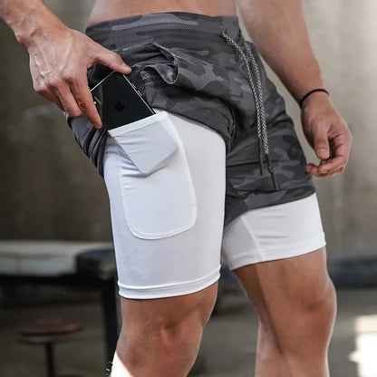 Men's Camo 2-in-1 Quick Dry Running Gym Shorts style1-gray-camo l175cm-65kg by HitMyNeed