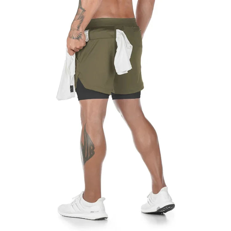 Men's Camo 2-in-1 Quick Dry Running Gym Shorts style1-green m170cm-60kg by HitMyNeed