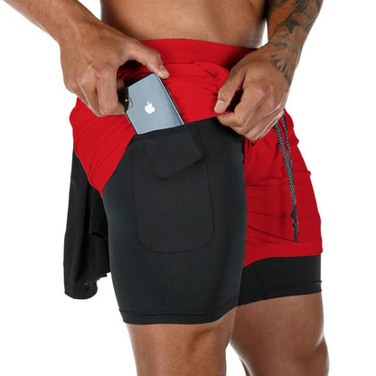 Men's Camo 2-in-1 Quick Dry Running Gym Shorts style1-red l175cm-65kg by HitMyNeed