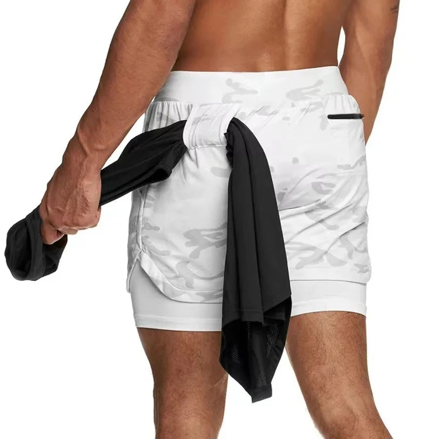 Men's Camo 2-in-1 Quick Dry Running Gym Shorts style1-white-camo m170cm-60kg by HitMyNeed