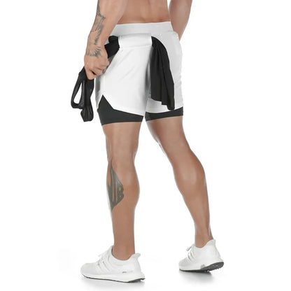 Men's Camo 2-in-1 Quick Dry Running Gym Shorts style1-white l175cm-65kg by HitMyNeed