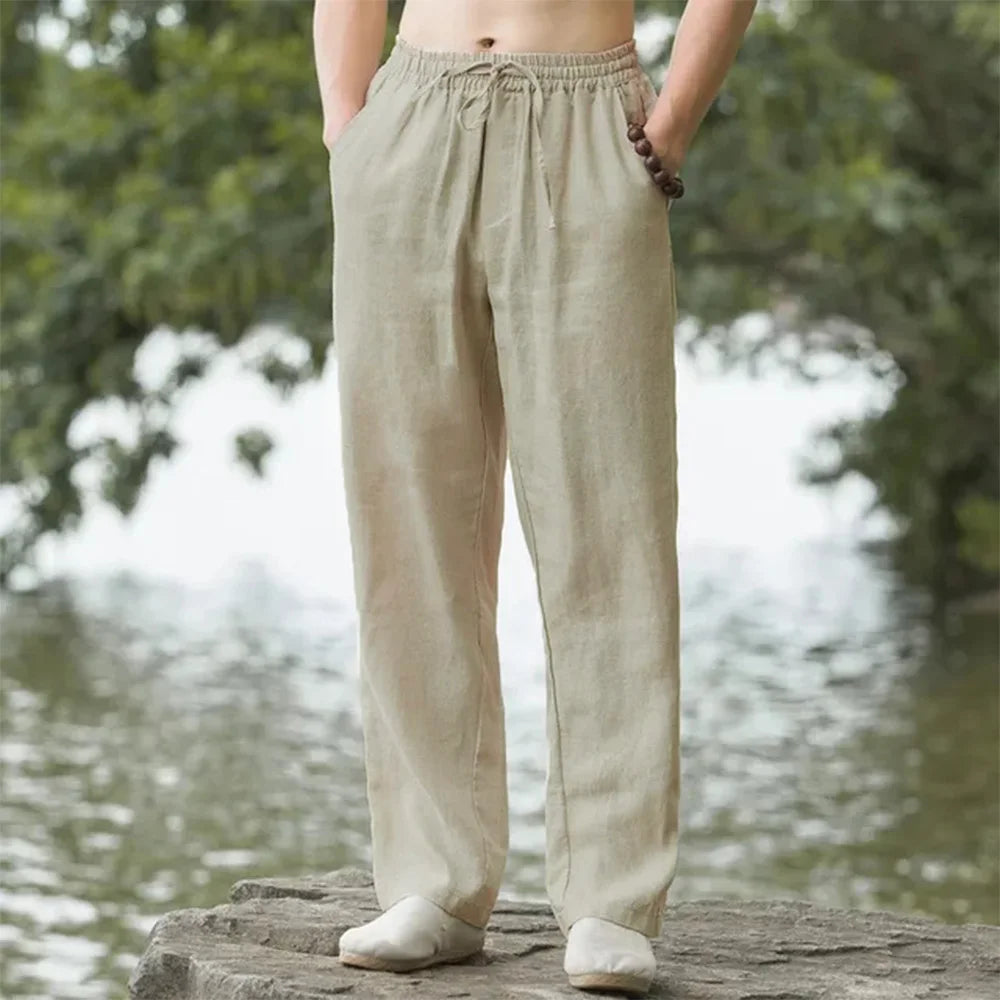 Men's Cotton Linen Beach Jogger Pants light-khaki xxxl-100-110-kg by HitMyNeed