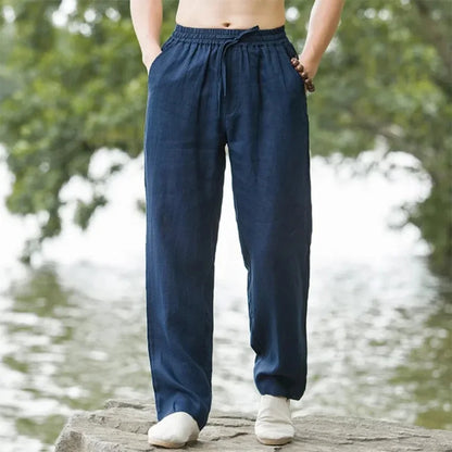 Men's Cotton Linen Beach Jogger Pants navy xxxl-100-110-kg by HitMyNeed