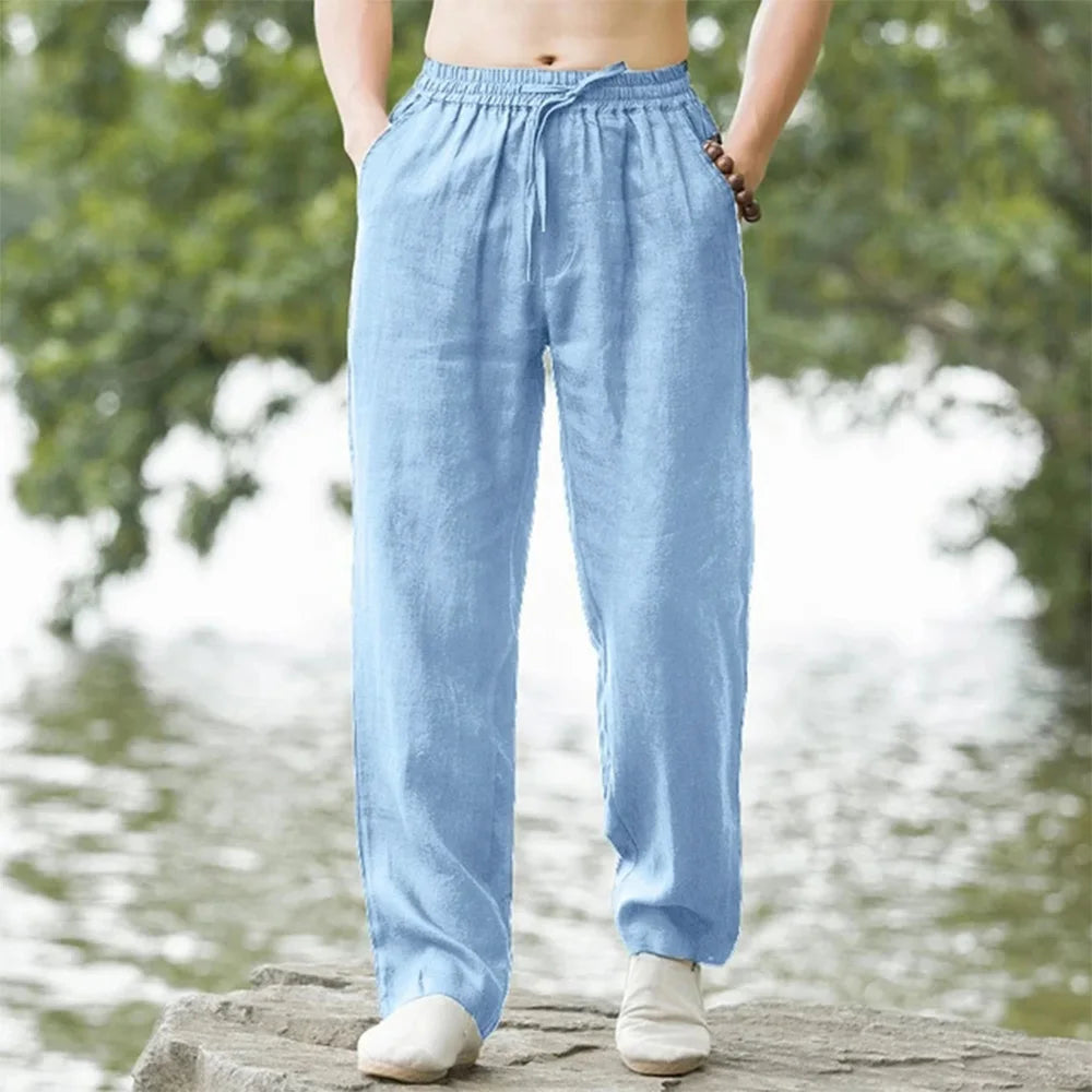 Men's Cotton Linen Beach Jogger Pants sky-blue m-60-70-kg by HitMyNeed
