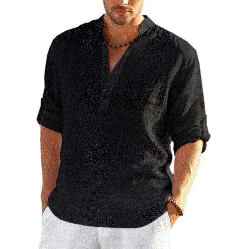 Men's Cotton Linen Long Sleeve Casual Shirt black us-l-70-80-kg by HitMyNeed