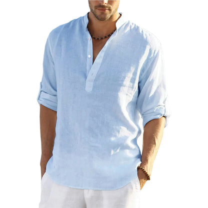 Men's Cotton Linen Long Sleeve Casual Shirt blue us-l-70-80-kg by HitMyNeed