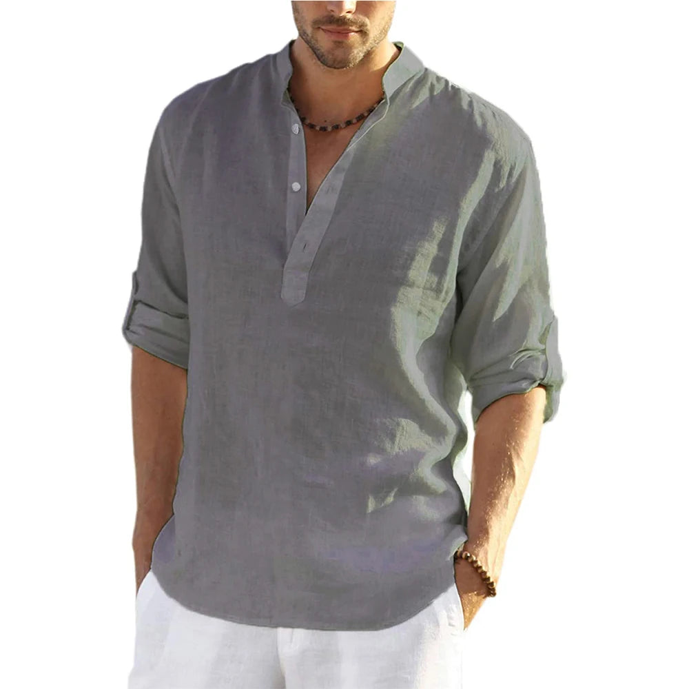 Men's Cotton Linen Long Sleeve Casual Shirt gray us-l-70-80-kg by HitMyNeed