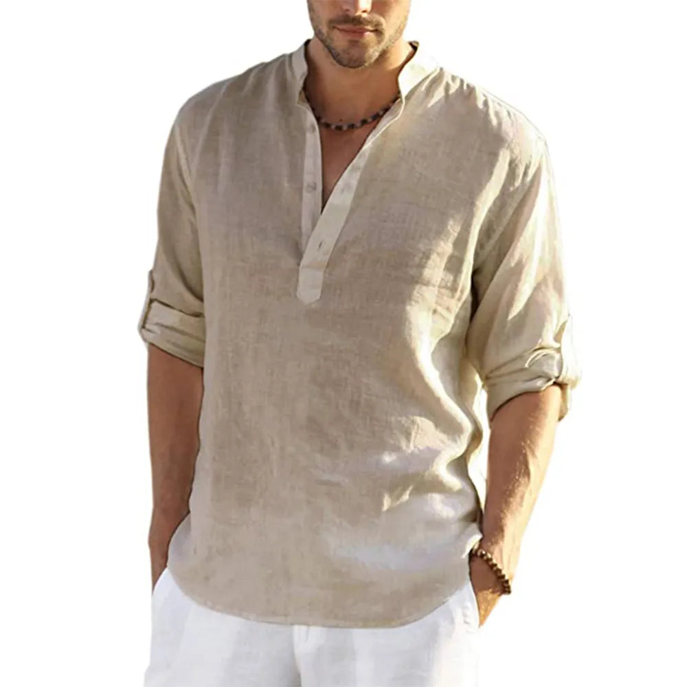 Men's Cotton Linen Long Sleeve Casual Shirt khaki us-3xl-100-110kg by HitMyNeed