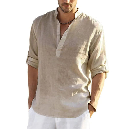 Men's Cotton Linen Long Sleeve Casual Shirt khaki us-3xl-100-110kg by HitMyNeed