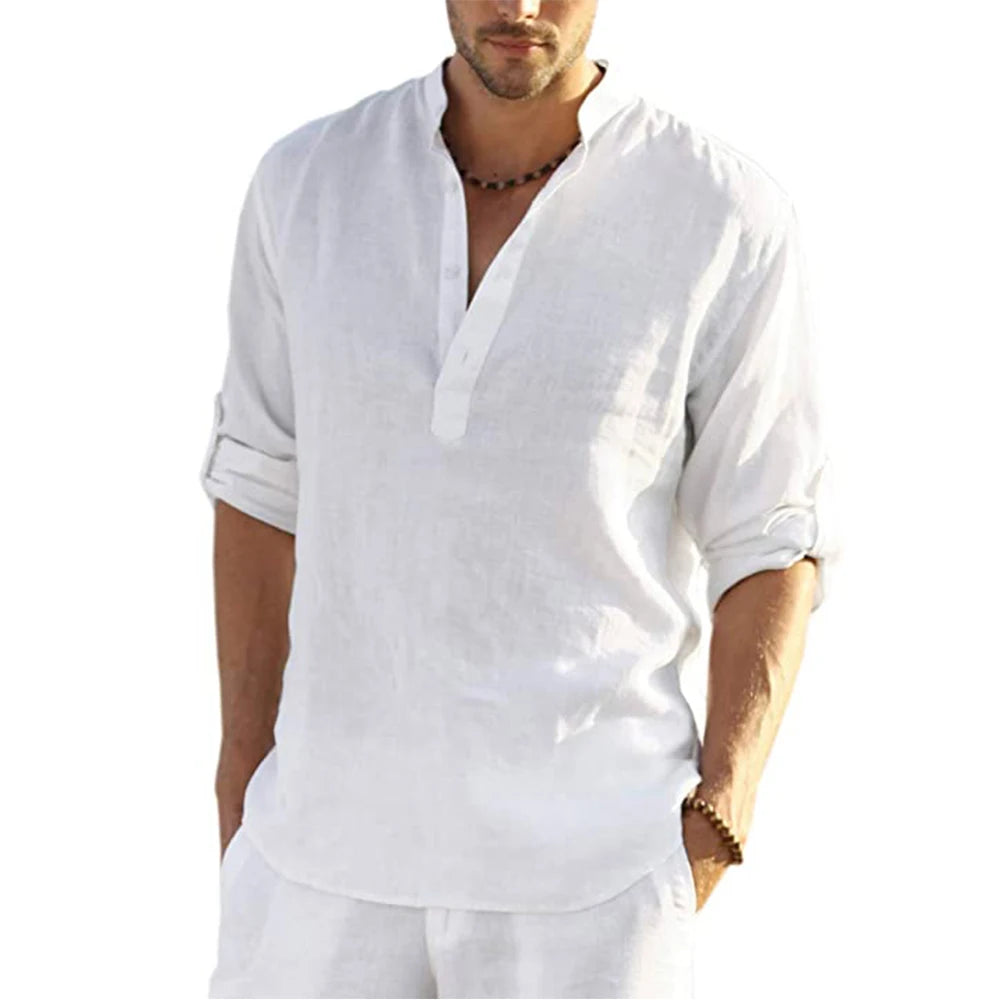 Men's Cotton Linen Long Sleeve Casual Shirt white us-xxl-90-100-kg by HitMyNeed