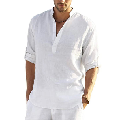 Men's Cotton Linen Long Sleeve Casual Shirt white us-xxl-90-100-kg by HitMyNeed