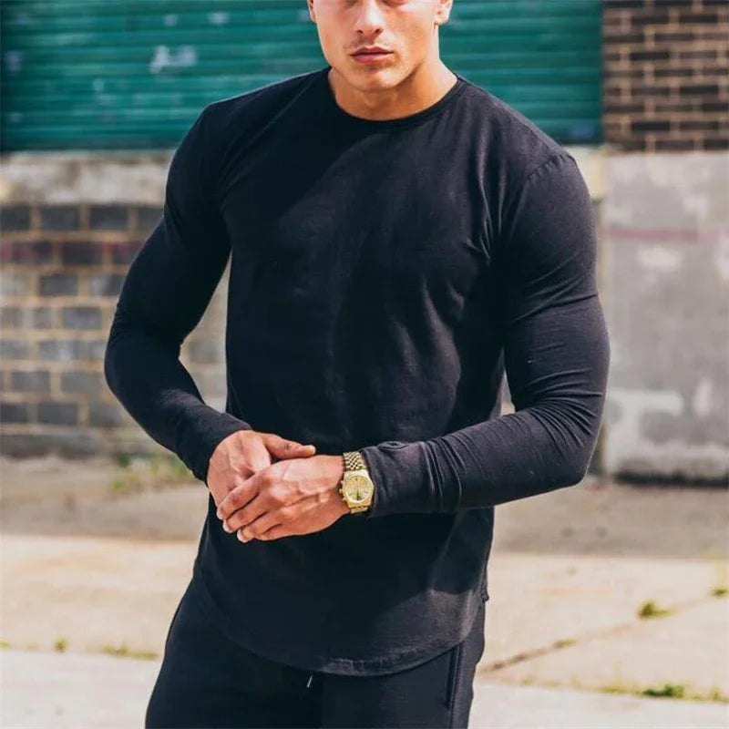 Men's Cotton Long Sleeve Slim Fit Gym T-Shirt by HitMyNeed