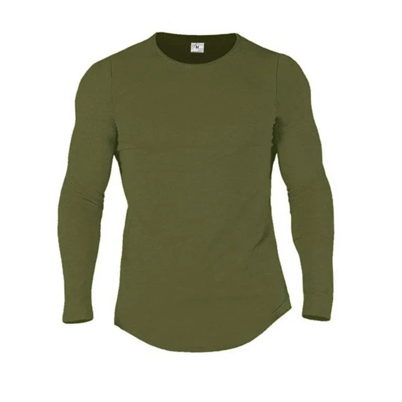 Men's Cotton Long Sleeve Slim Fit Gym T-Shirt army-green xl by HitMyNeed