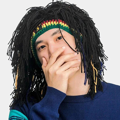 Men's Crochet Hip Hop Wig Beanie Winter Party Hat black by HitMyNeed