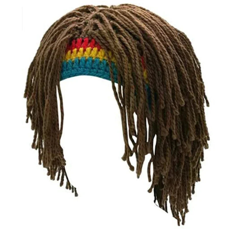 Men's Crochet Hip Hop Wig Beanie Winter Party Hat brown by HitMyNeed