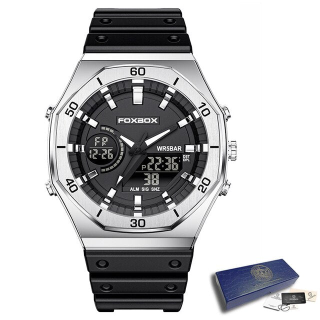 Men's Dual Display Sports Chronograph Watch 50M silver-black by HitMyNeed