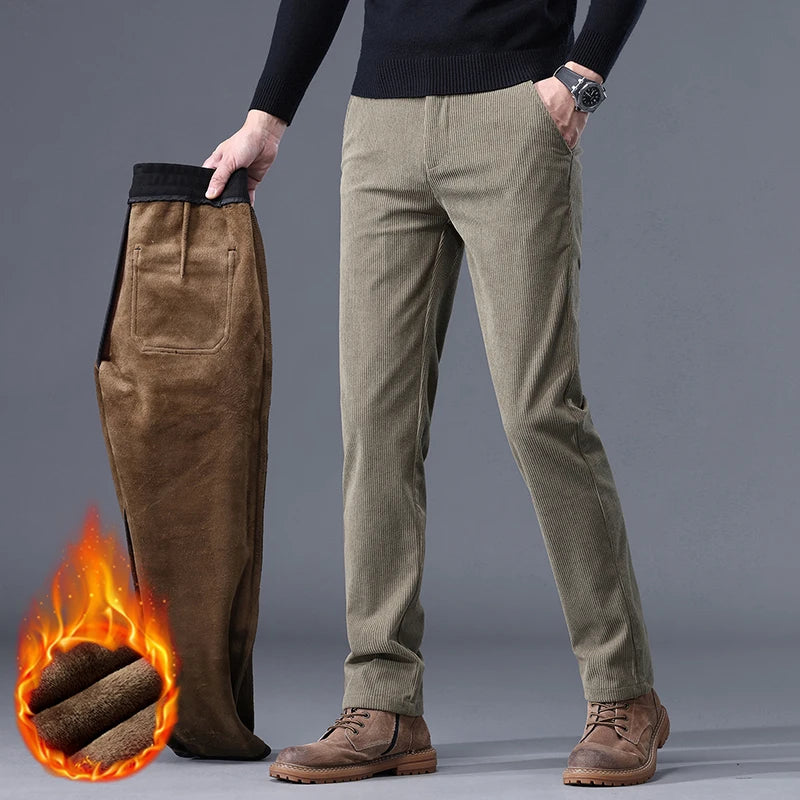 Men's Fleece-Lined Corduroy Stretch Winter Trousers by HitMyNeed