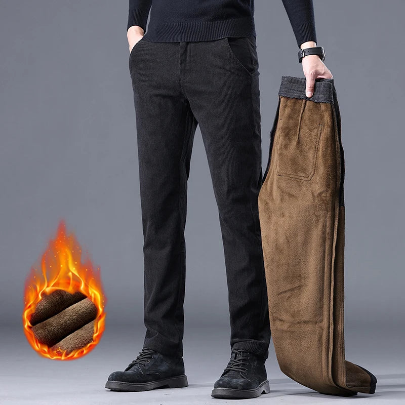 Men's Fleece-Lined Corduroy Stretch Winter Trousers by HitMyNeed