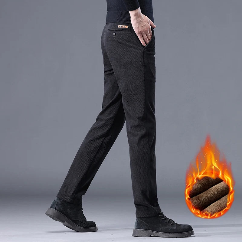 Men's Fleece-Lined Corduroy Stretch Winter Trousers by HitMyNeed