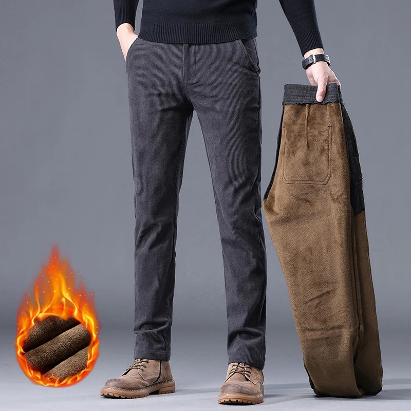Men's Fleece-Lined Corduroy Stretch Winter Trousers by HitMyNeed
