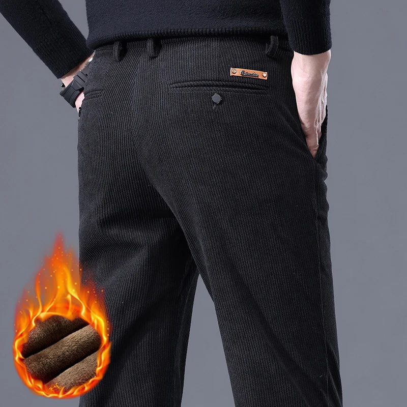 Men's Fleece-Lined Corduroy Stretch Winter Trousers black 38.0 by HitMyNeed