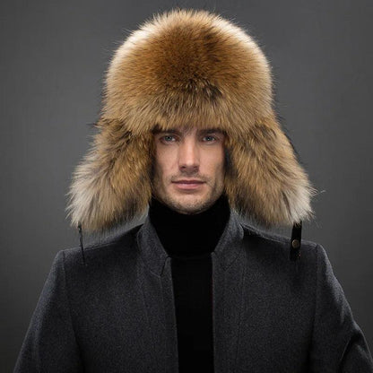 Men's Fox Fur Lei Feng Ushanka Winter Hat raccoon-fur 56cm-58cm by HitMyNeed
