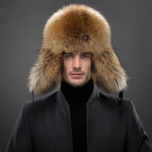 Men's Fox Fur Lei Feng Ushanka Winter Hat raccoon-fur 56cm-58cm by HitMyNeed