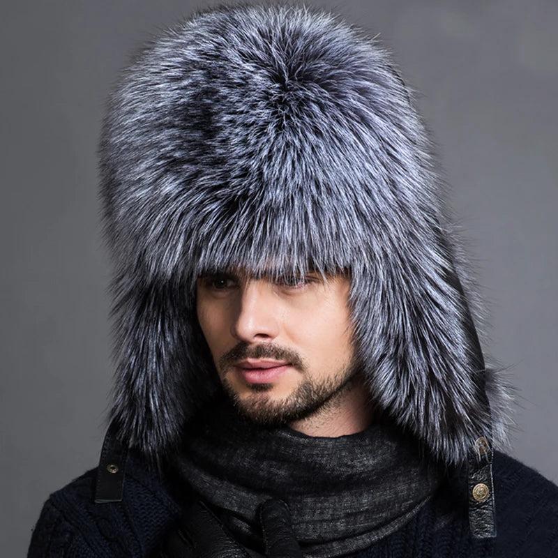 Men's Fox Fur Lei Feng Ushanka Winter Hat silver-fox 56cm-58cm by HitMyNeed