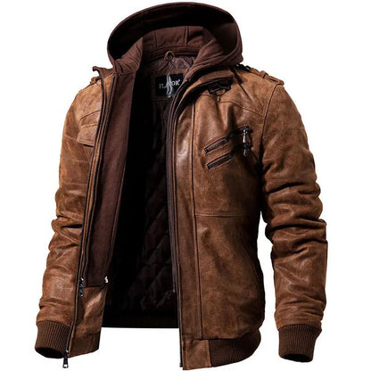Men's Genuine Leather Motorcycle Jacket with Hood by HitMyNeed