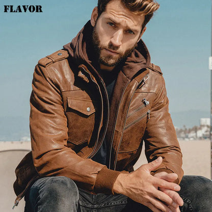 Men's Genuine Leather Motorcycle Jacket with Hood by HitMyNeed