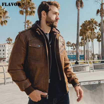 Men's Genuine Leather Motorcycle Jacket with Hood by HitMyNeed