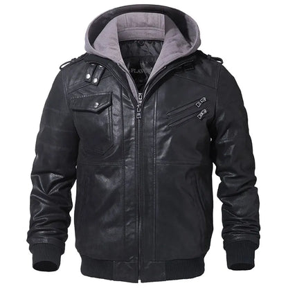 Men's Genuine Leather Motorcycle Jacket with Hood black-gray l by HitMyNeed