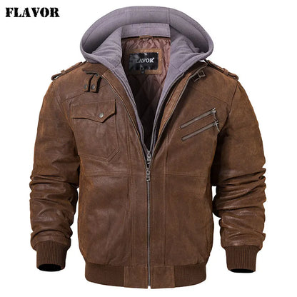 Men's Genuine Leather Motorcycle Jacket with Hood brown-gray xl by HitMyNeed