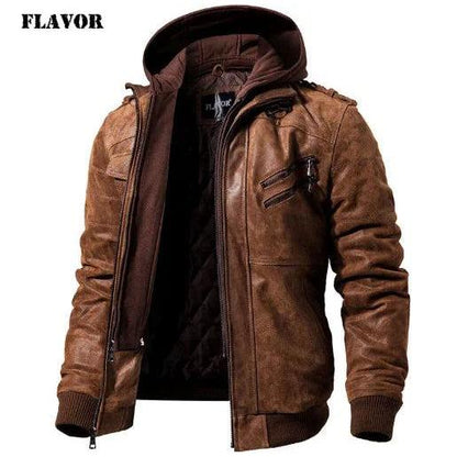 Men's Genuine Leather Motorcycle Jacket with Hood brown xs by HitMyNeed