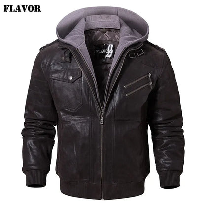 Men's Genuine Leather Motorcycle Jacket with Hood dark-brown-gray xs by HitMyNeed