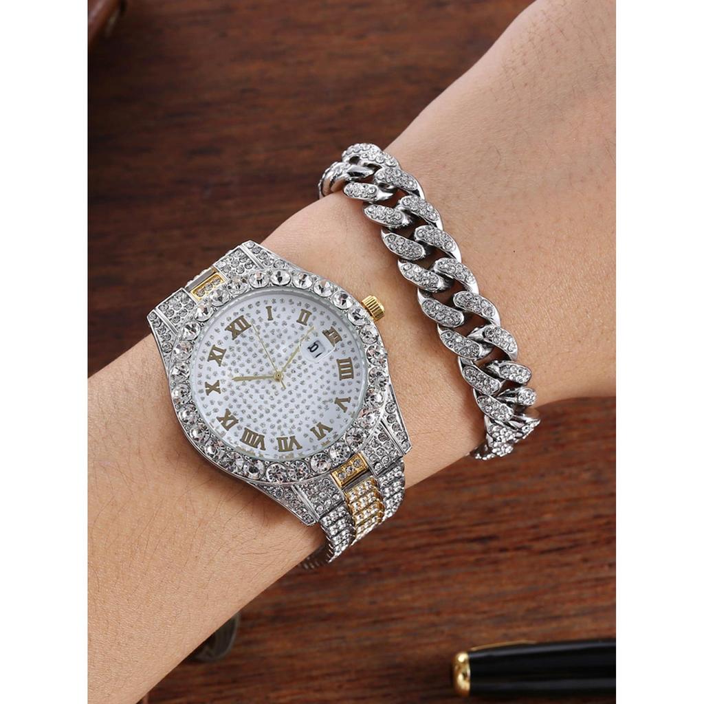 Men's Hip Hop Watch & Diamond-Style Bracelet Set by HitMyNeed