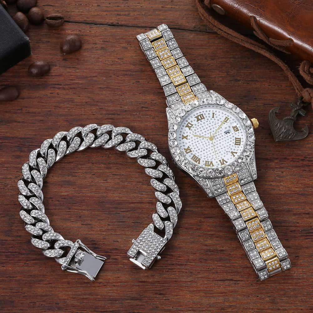Men's Hip Hop Watch & Diamond-Style Bracelet Set by HitMyNeed