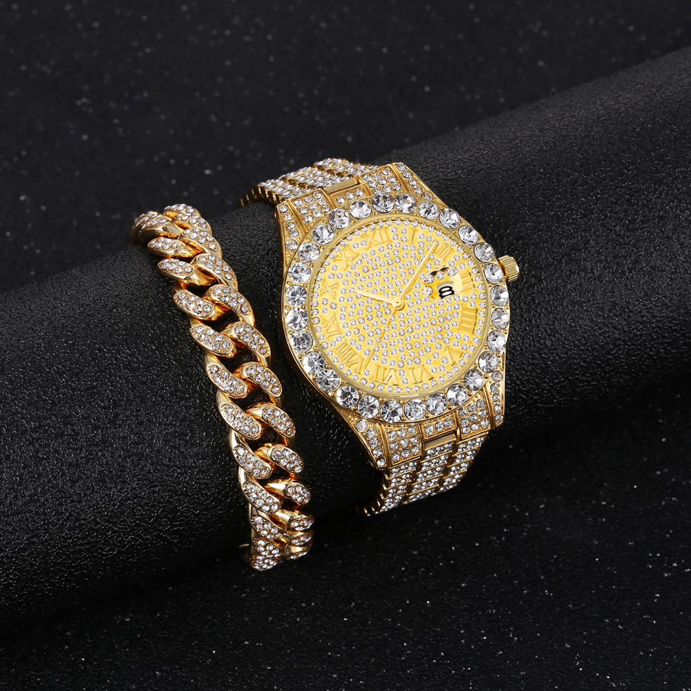 Men's Hip Hop Watch & Diamond-Style Bracelet Set gold by HitMyNeed