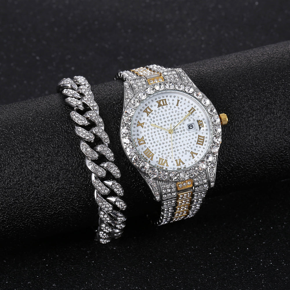 Men's Hip Hop Watch & Diamond-Style Bracelet Set multicolor by HitMyNeed