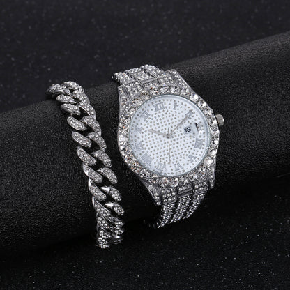 Men's Hip Hop Watch & Diamond-Style Bracelet Set silver by HitMyNeed